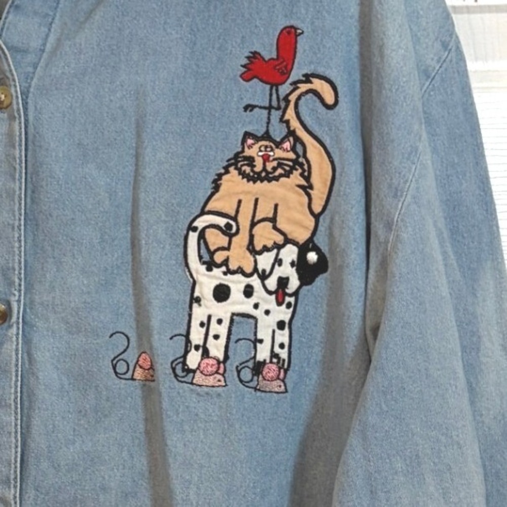 Blair Women 2XL Vintage 90s Denim Shirt Embroidered Cat Bird Dog Mouse Button Up - Picture 8 of 10